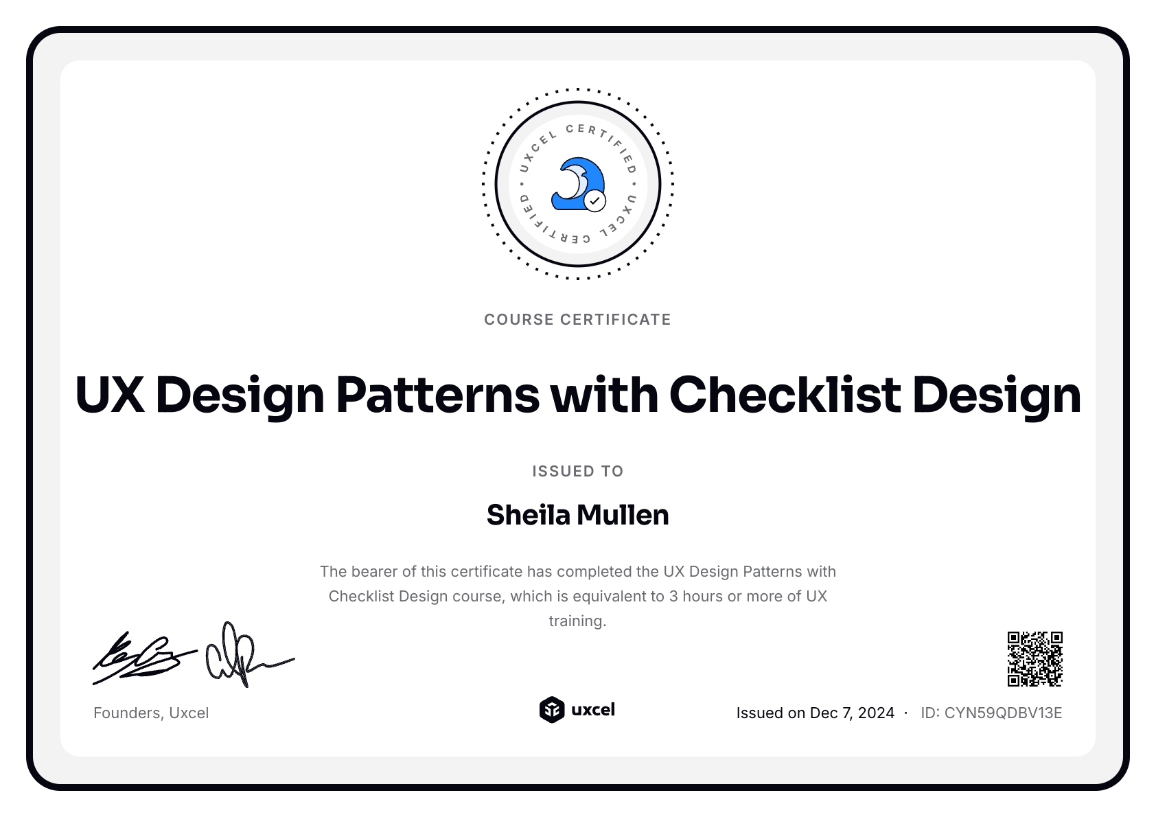 Sheila Mullen's certificate